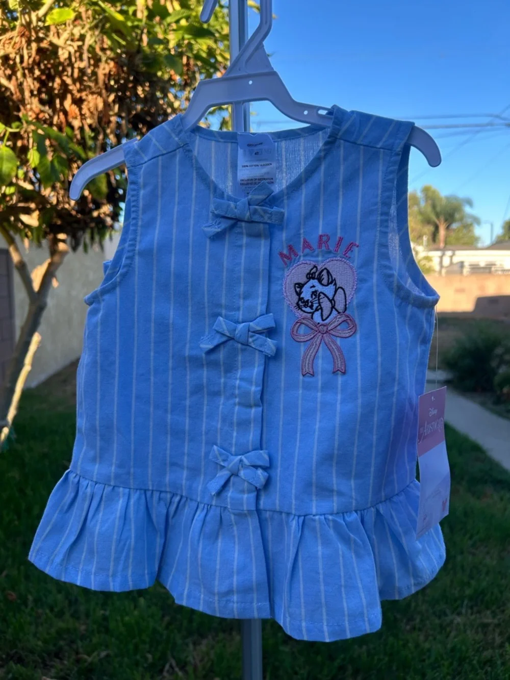 Disney Blue & White Striped Sleeveless Top with Marie Embroidery